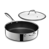 HexClad sarten híbrida 5.5 qt con tapa de vidrio para dorar y sellar rápido.