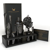 Conjunto Cobbler Highball & Chaser en soporte de bambú negro, ideal para bar en casa.