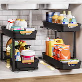 Organizador Homde bajo fregadero de dos niveles para acceso sin obstáculos.