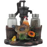Home 'n Gifts gallina con bomba de agua y saleros de cristal para mesa rústica.