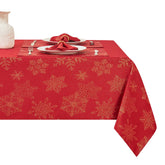Mantel HomeJoy rectangular con copos de nieve metalizados en rojo, ideal para fiestas.