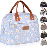 Bolsa HOMESPON para almuerzo con diseño azul floral y bolsillo frontal, ideal para oficina.