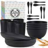 Homienly juego vajilla fibra de trigo 20 piezas negro mate, ideal para cenas familiares