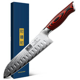 HOSHANHO Santoku damasco, primer plano de la hoja cerca para cortes precisos