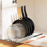 Housolution organizador de tapas de olla deslizante para armario, acceso rápido y ordenado.