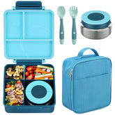 Howeemo caja de almuerzo azul con 4 compartimentos para comidas equilibradas en la escuela.
