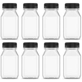 Botellas Hulless de plástico 8 onzas para jugos con tapas negras, ideales para llevar.