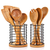 hunnycook porta-utensilios de metal negro con dos piezas y base de madera para drenaje