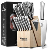 Conjunto Huusk de cuchillos en bloque con afilador integrado, almacenamiento práctico y preparado para uso diario.