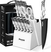 Conjunto Huusk de cuchillos blanco con soporte de madera, óptimo para encimera ordenada.