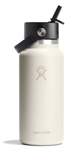 Hydro Flask botella marfil de boca ancha con tapa de paja flexible para sorbos fáciles.