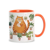 Taza Hyturtle con gato naranja y plantas, ideal para tu ritual de café diario.