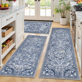 Alfombras boho Ileading con motivo floral azul para cocina, aportan calidez y estilo.
