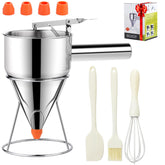 shofilt Dispensador de Masa 40oz – Acero Inoxidable, 4 Boquillas de Silicona para Panqueques y Pasteles Embudo