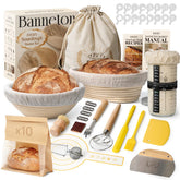Kit de Masa Madre BAVIFY: Cestas de Fermentación Redonda 9 y Ovalada 10 pulgadas, Frasco y Herramientas para Hornear Pan