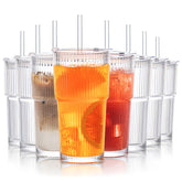 Vasos INSETLAN de vidrio acanalados 20 oz con tapas y pajitas, duraderos para casa.