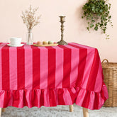 Mantel JarThenaAMCS con volantes rosa y rojo para mesas rectangulares, estilo elegante.