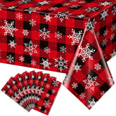 Mantel Jectivs para Navidad con cuadros rojos y negros y copos de nieve, ideal para mesa festiva.