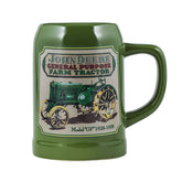 John Deere: taza cerámica verde, vista frontal, ideal para café caliente.