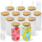 Joyclub vaso de cristal sublimación con tapa de bambú, listo para personalizar bebidas.