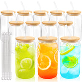 Joyclub: 12 vasos de vidrio con tapas de bambú de 16 oz para bebidas