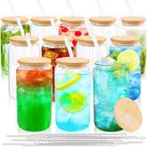 Joyclub: vasosa cristal con tapas de bambú y pajillas, conjunto completo para bebidas.