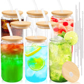 Joyclub vasos de cristal con tapas de bambú y pajillas listas para bebidas refrescantes