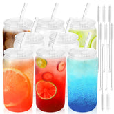 Vasos Joyclub de vidrio 16oz con tapas acrílicas, ideales para bebidas frías en casa.