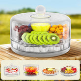 Jsyrjing bandeja-fria-compacta-rotatoria-tapa-clara facilita mantener aperitivos y frutas frescos.