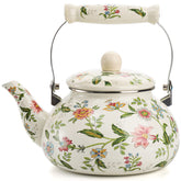 Tetera esmaltada Jucoan con patrón verde y flores, ideal para té aromático