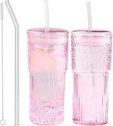Vaso JunVpic vidrio rosa 20oz con tapas, ideal para bebidas frías y calientes