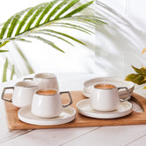 KARACA Saturn Platin: tazas blancas para café turco, perfectas para servir en reuniones.
