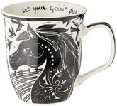 Karma taza boho con caballo blanco y negro, perfecta para café diario.