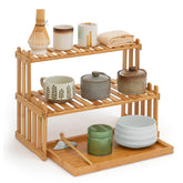 Kathfly estante matcha dos niveles, ideal para organización de utensilios de té.
