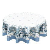 Kawani mantel redondo 70p con diseño de nieve azul para mesa festiva.