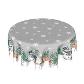 Mantel Kawani redondo con copos de nieve; ideal para cenas festivas y protección de la mesa.