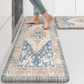 Alfombra KIMODE de cocina azul y dorado, rectangulares, ideal para zonas de alto tránsito.