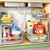 Kitstorack organizador bajo fregadero de dos niveles para mayor capacidad de almacenamiento.