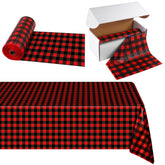 Mantel Kochorie 54x300, cuadros rojos y negros, ideal para cubrir mesas grandes.