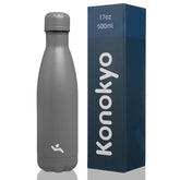 Konokyo botella de agua aislada 17oz gris, vista frontal, ideal para mantener bebidas frías.