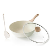 Wok Kordisen con recubrimiento cerámico antiadherente y tapa de vidrio, cocina limpia y sin esfuerzo.