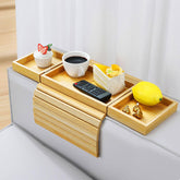 Bandeja extensible de Kssiaz para reposabrazos de sofá, ideal para snacks y bebidas.