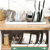 Organizador KXSGKRR extensible para ollas y sartenes en el armario, optimiza el espacio.