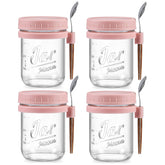 LANDNEOO jarras de vidrio 16 oz con tapas herméticas rosa para desayunos para llevar