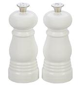 Le Creuset molinillos sal y pimienta blancos frente, control preciso del sabor.