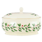 Lenox fuente cubierta navideña en cerámica marfil, ideal para una mesa elegante.