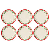 Plato acento Lenox Holiday con motivo acebo y borde rojo, ideal para cenas festivas.