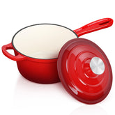Leonyo olla de hierro esmaltado rojo con tapa, ideal para salsas.