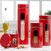Le'raze tarros de acero inoxidable rojos con ventana de vidrio para ver el contenido.