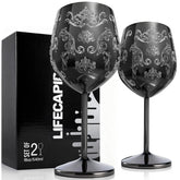 Copa Lifecapido de 18oz con grabados barrocos, ideal para cenas elegantes.